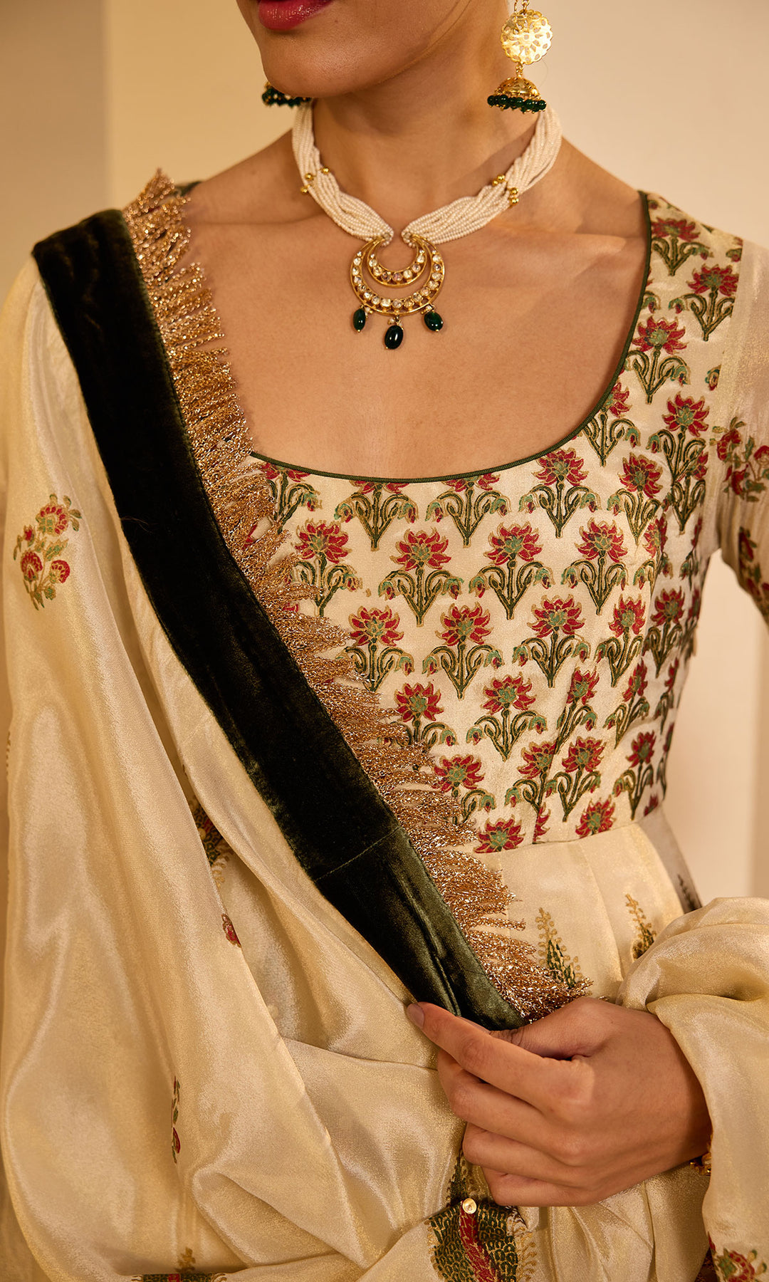 Dilbaro mughals tissue block printed Ivory anarkali with chooridar and olive green dupatta (set of 3)