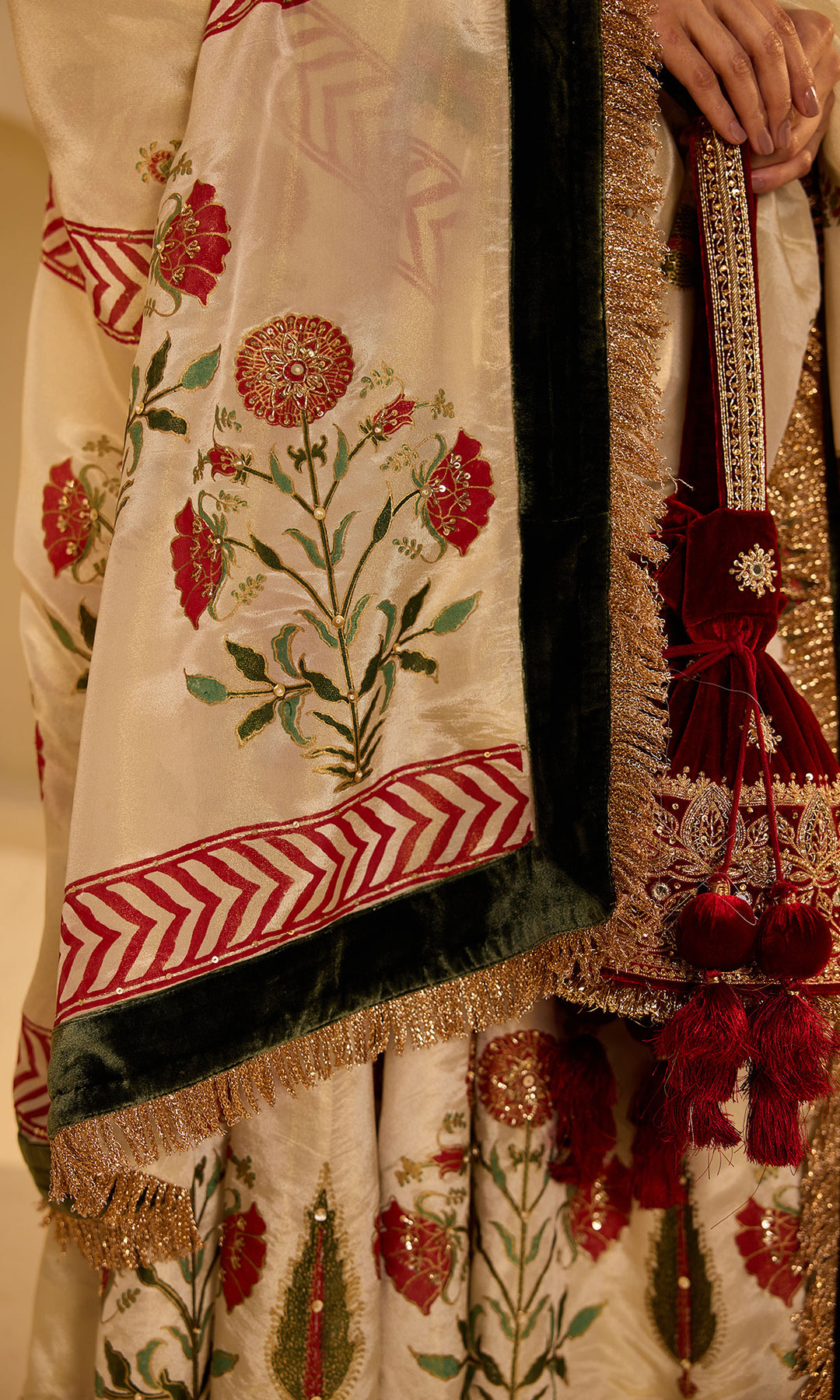 Dilbaro mughals tissue block printed Ivory anarkali with chooridar and olive green dupatta (set of 3)