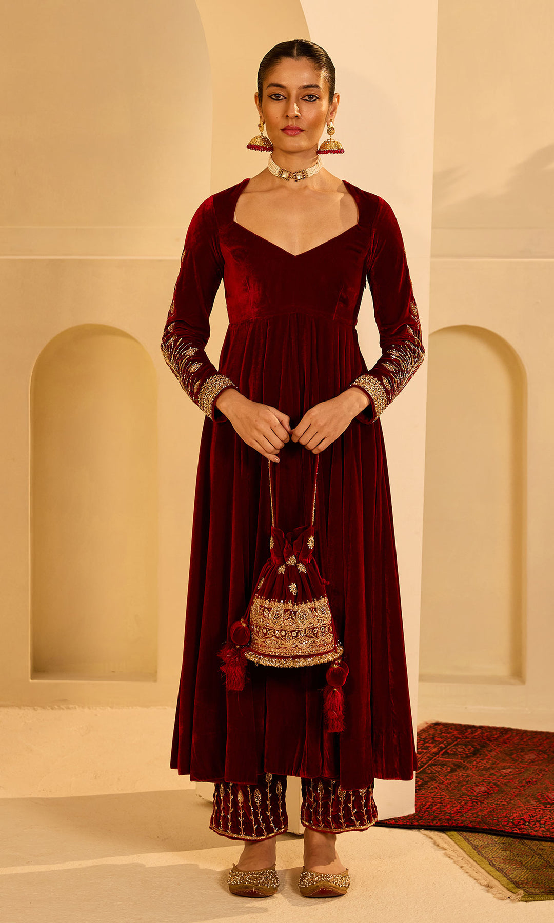 Dilbaro Mughals Silk Velvet Red Anarkali with Palazzo and Dupatta (set of 3)