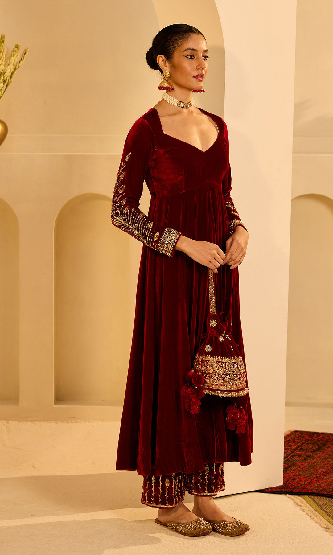 Dilbaro Mughals Silk Velvet Red Anarkali with Palazzo and Dupatta (set of 3)