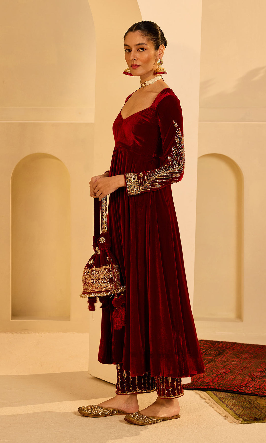 Dilbaro Mughals Silk Velvet Red Anarkali with Palazzo and Dupatta (set of 3)