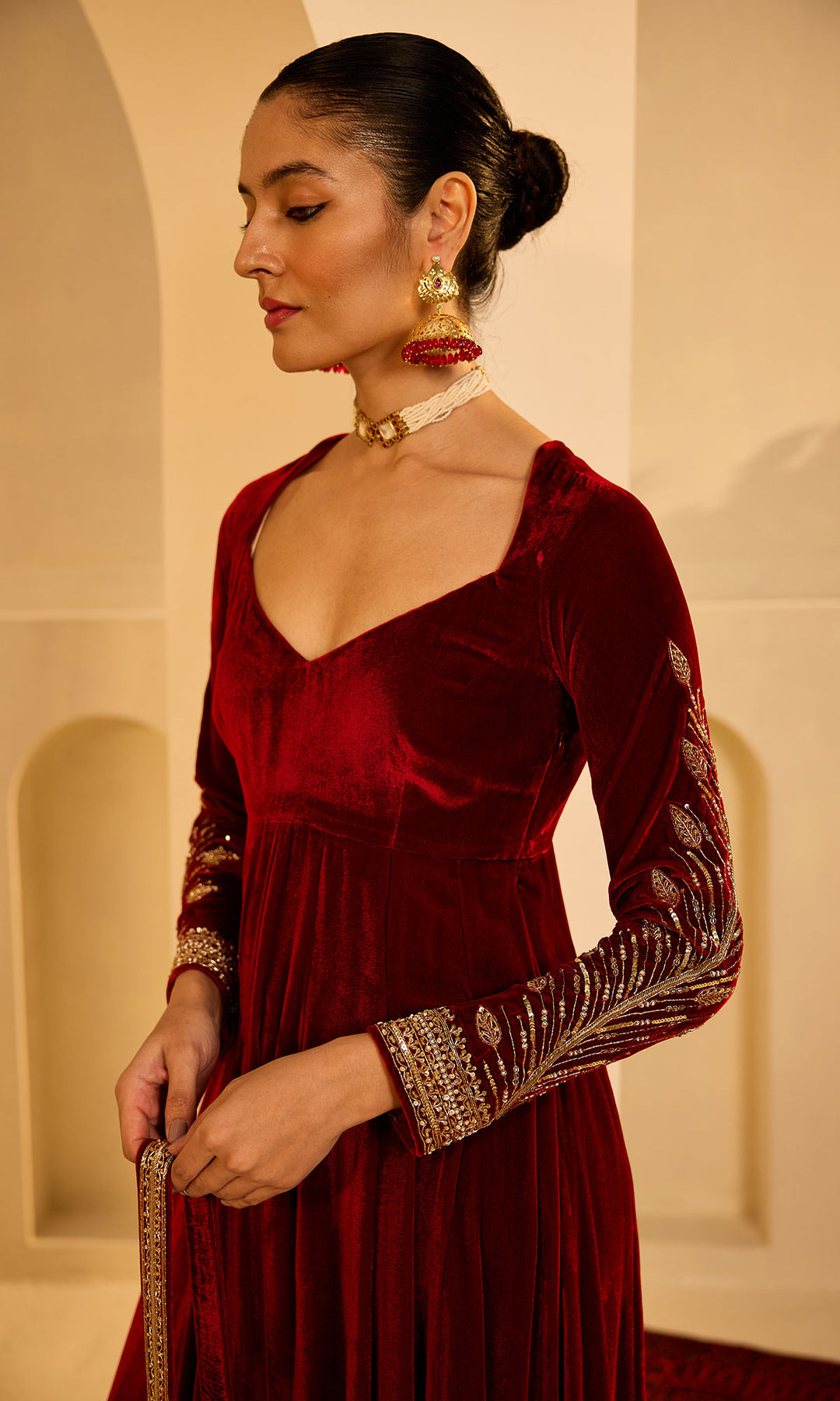 Dilbaro Mughals Silk Velvet Red Anarkali with Palazzo and Dupatta (set of 3)