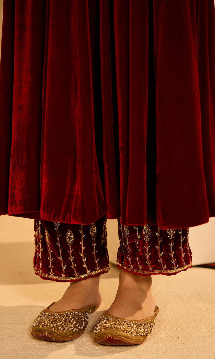 Dilbaro Mughals Silk Velvet Red Anarkali with Palazzo and Dupatta (set of 3)