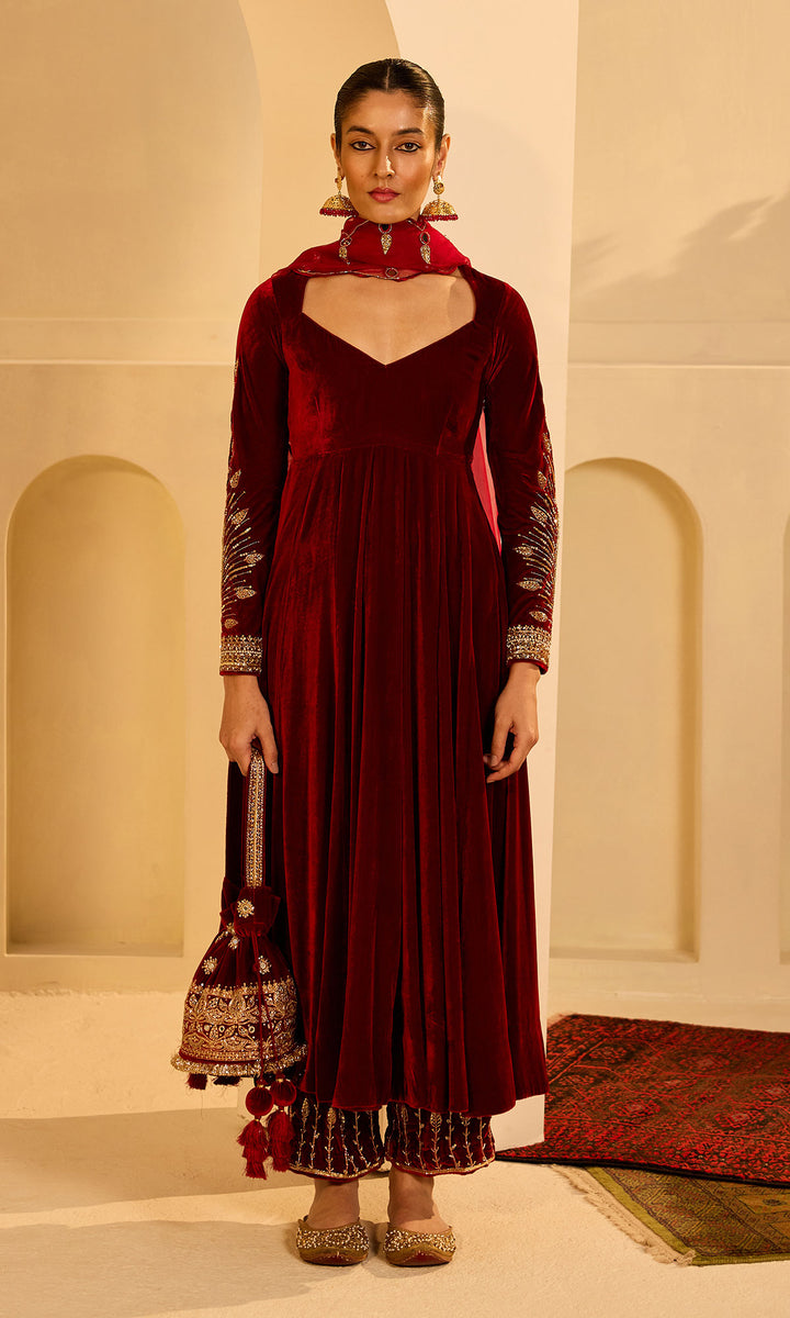 Dilbaro Mughals Silk Velvet Red Anarkali with Palazzo and Dupatta (set of 3)