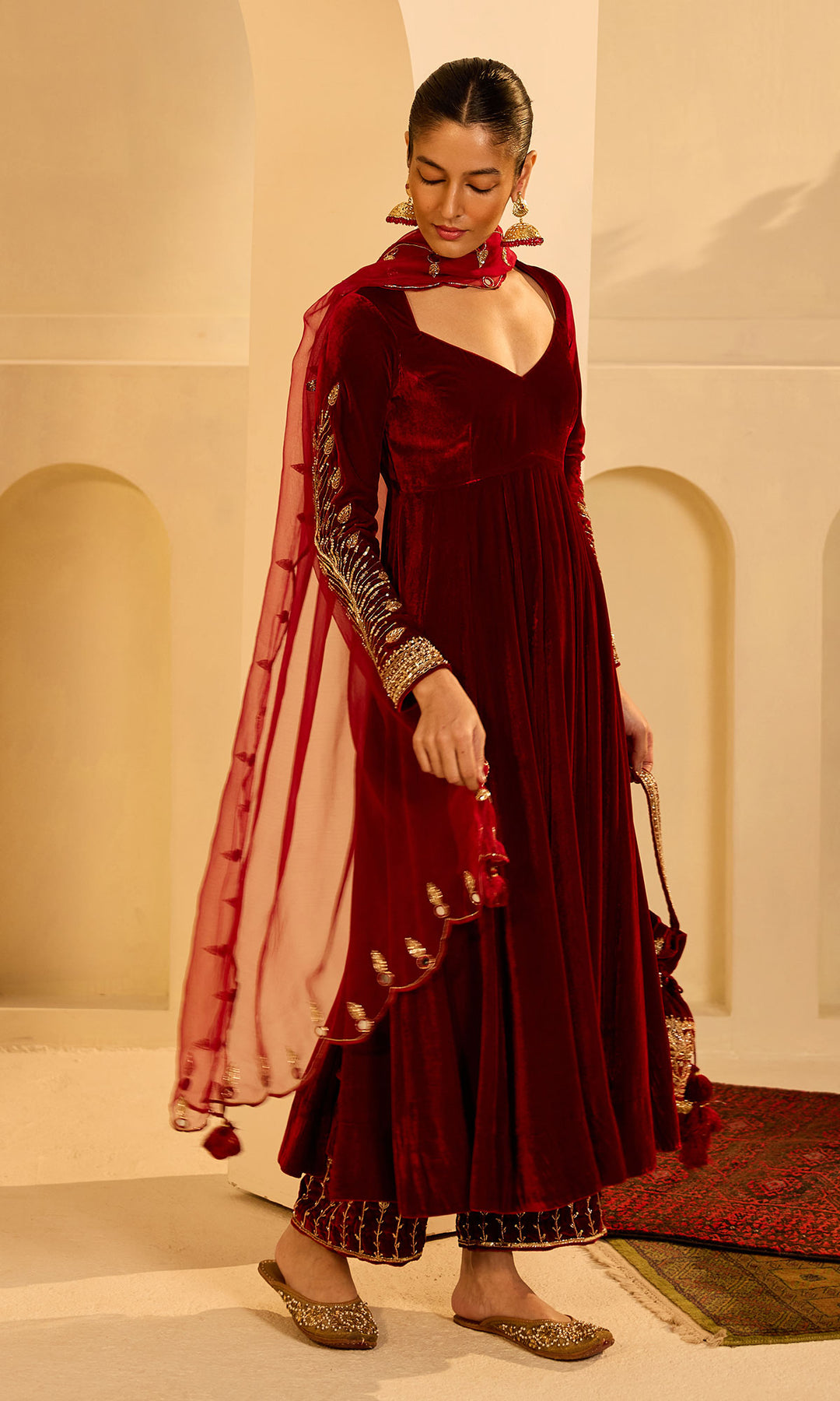 Dilbaro Mughals Silk Velvet Red Anarkali with Palazzo and Dupatta (set of 3)