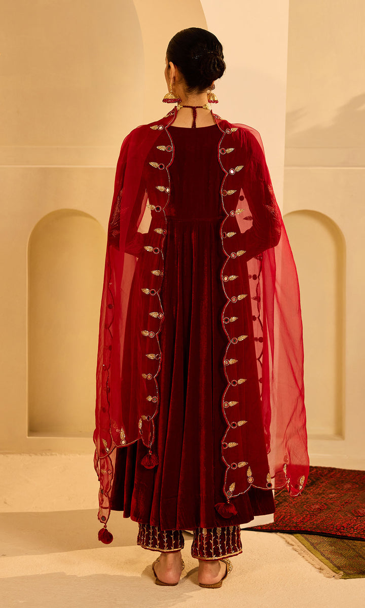 Dilbaro Mughals Silk Velvet Red Anarkali with Palazzo and Dupatta (set of 3)