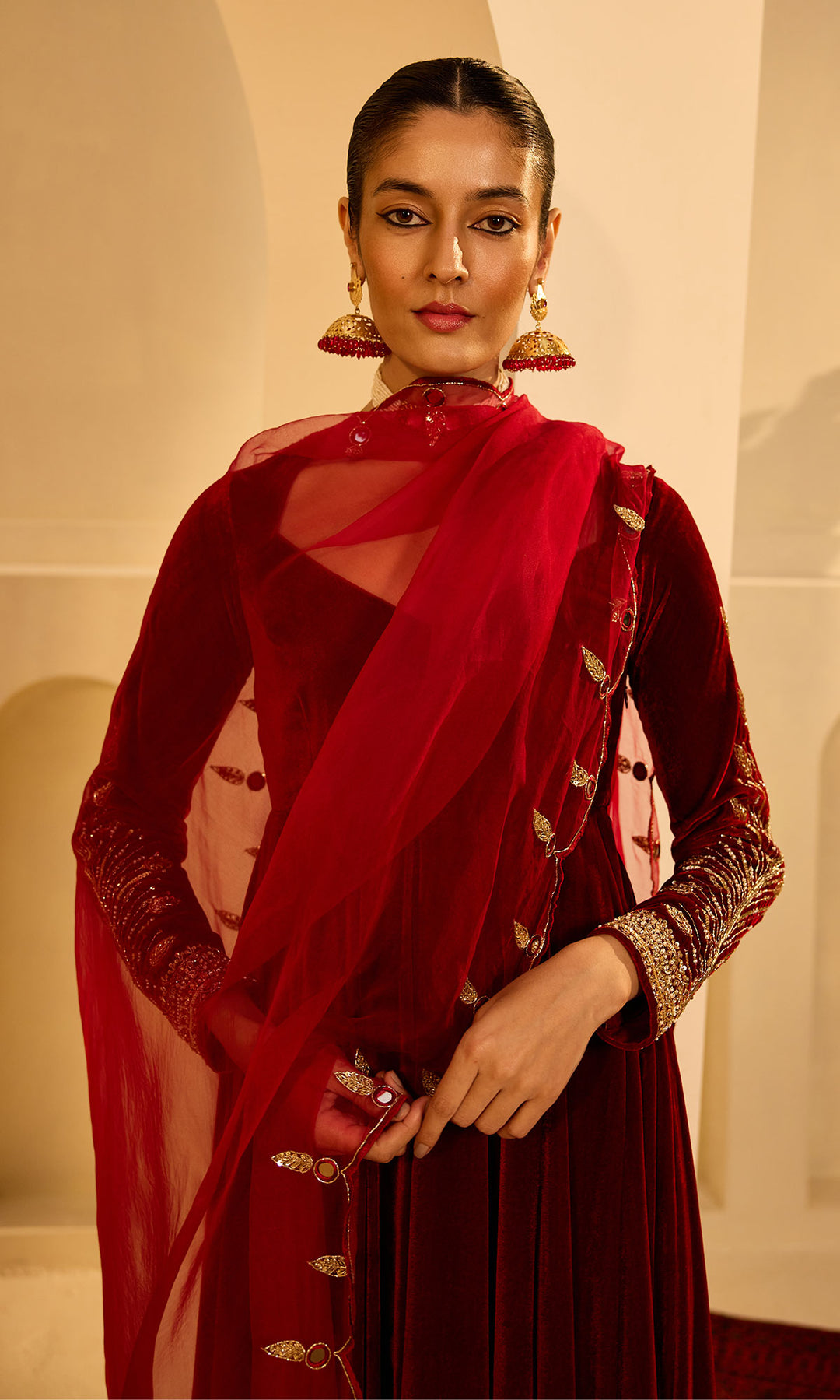 Dilbaro Mughals Silk Velvet Red Anarkali with Palazzo and Dupatta (set of 3)