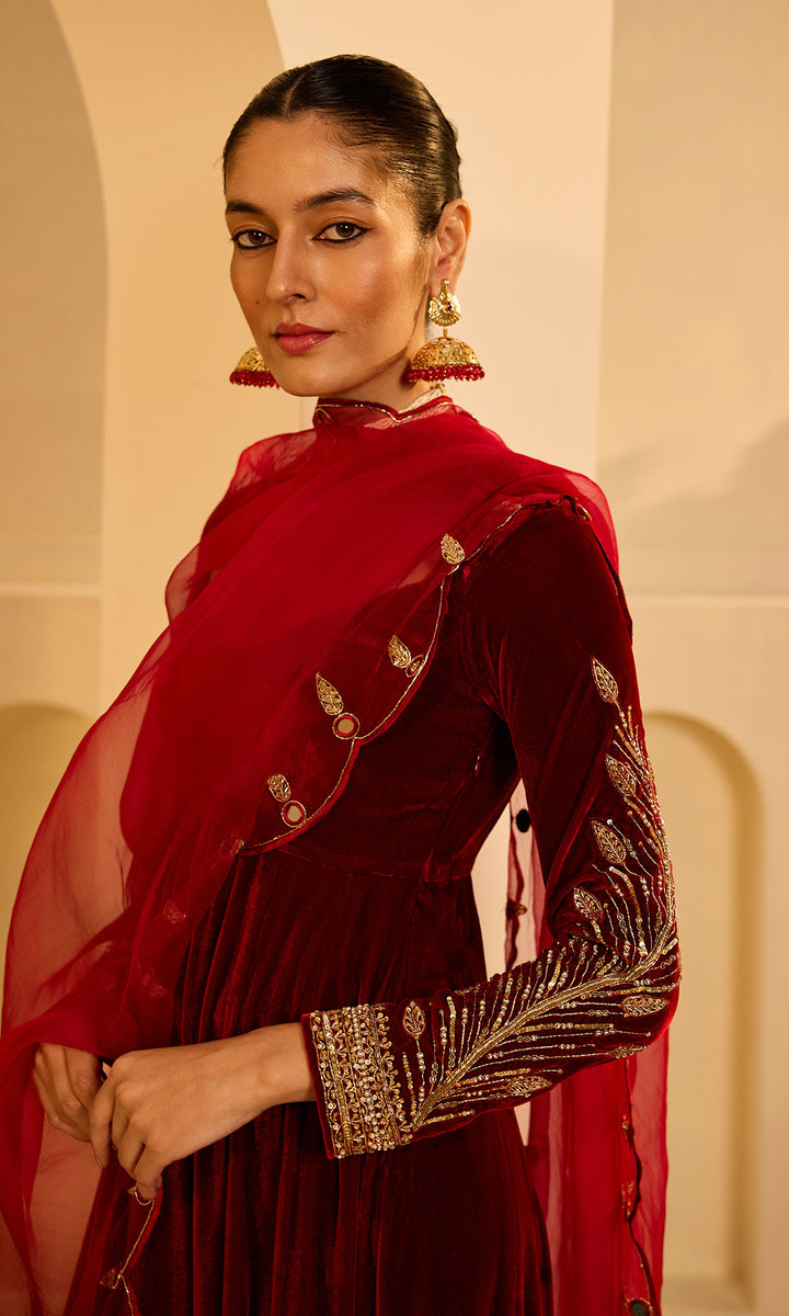 Dilbaro Mughals Silk Velvet Red Anarkali with Palazzo and Dupatta (set of 3)
