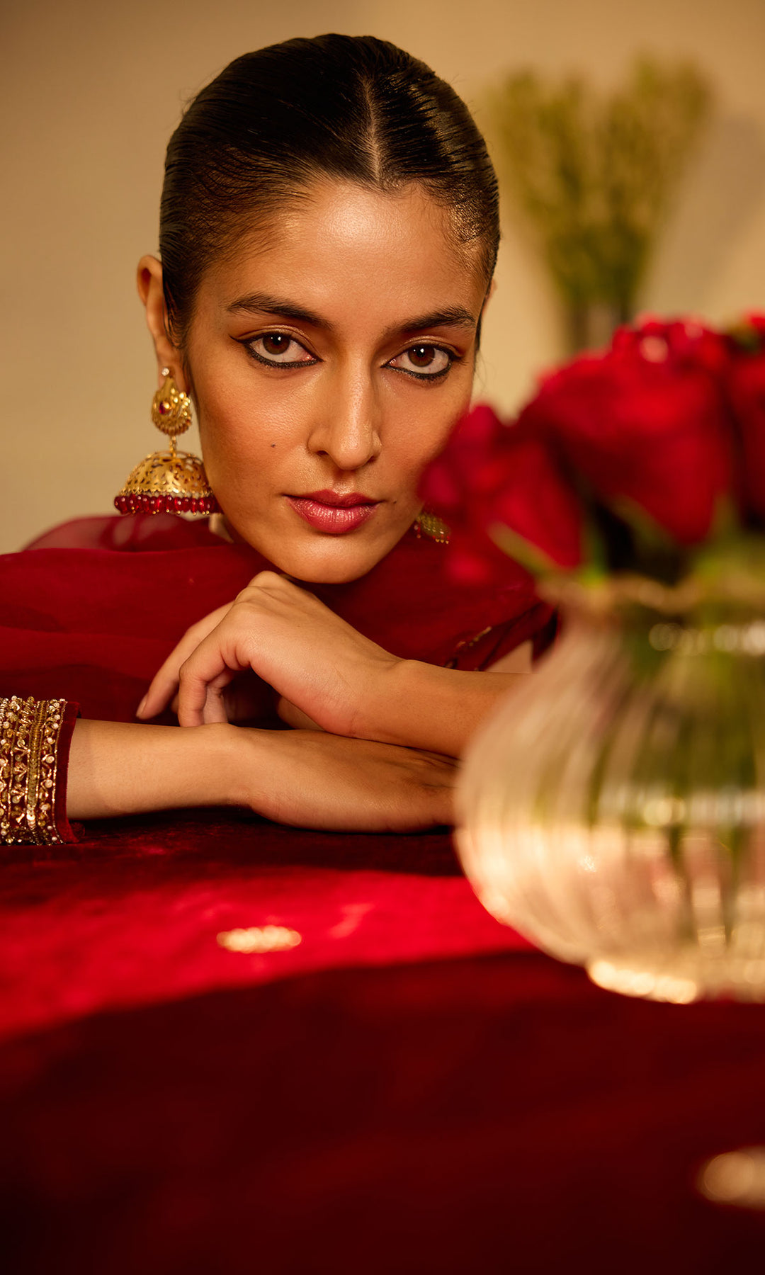 Dilbaro Mughals Silk Velvet Red Anarkali with Palazzo and Dupatta (set of 3)