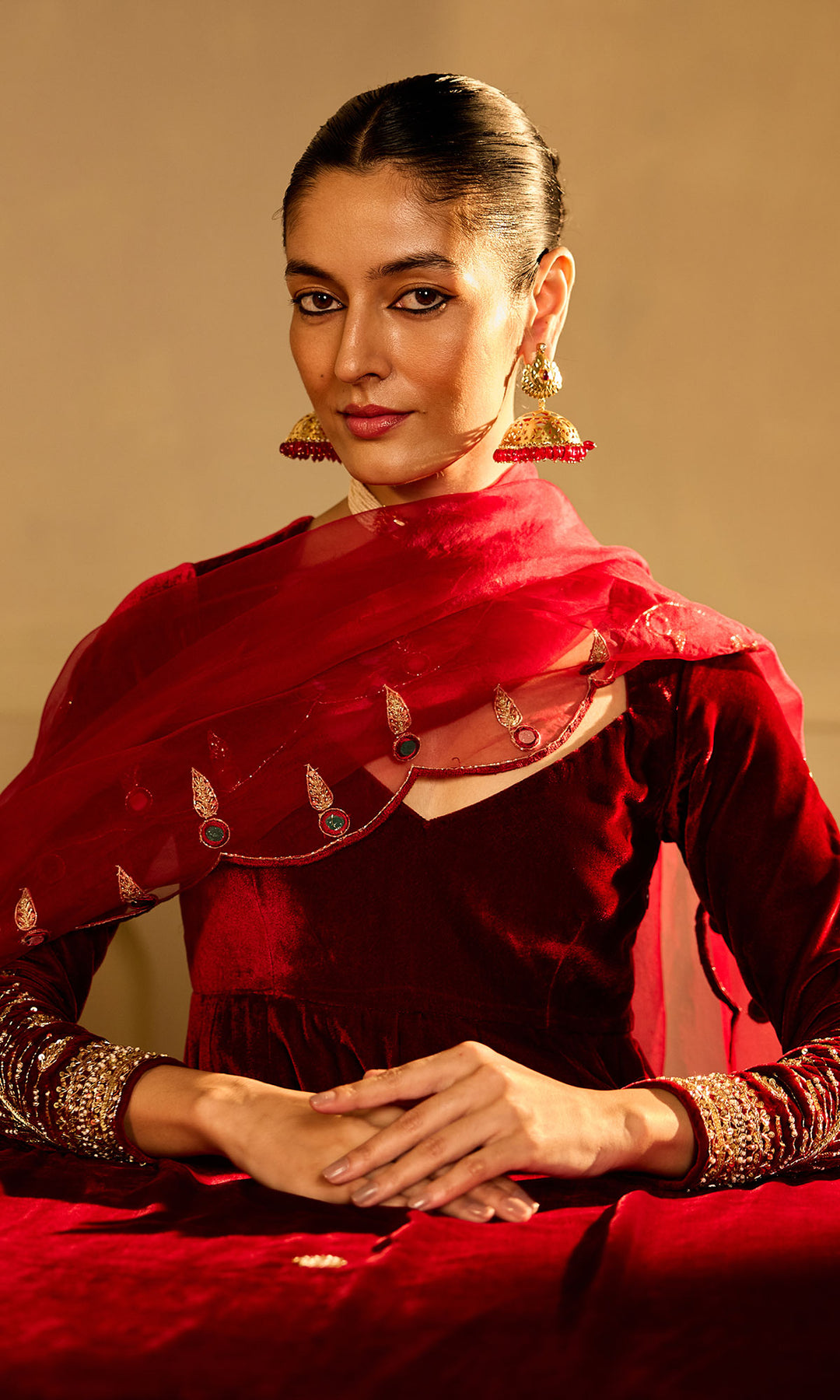 Dilbaro Mughals Silk Velvet Red Anarkali with Palazzo and Dupatta (set of 3)