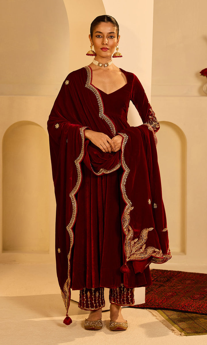 Dilbaro mughals Red silk velvet anarkali with palazzo and shawl (set of 3)