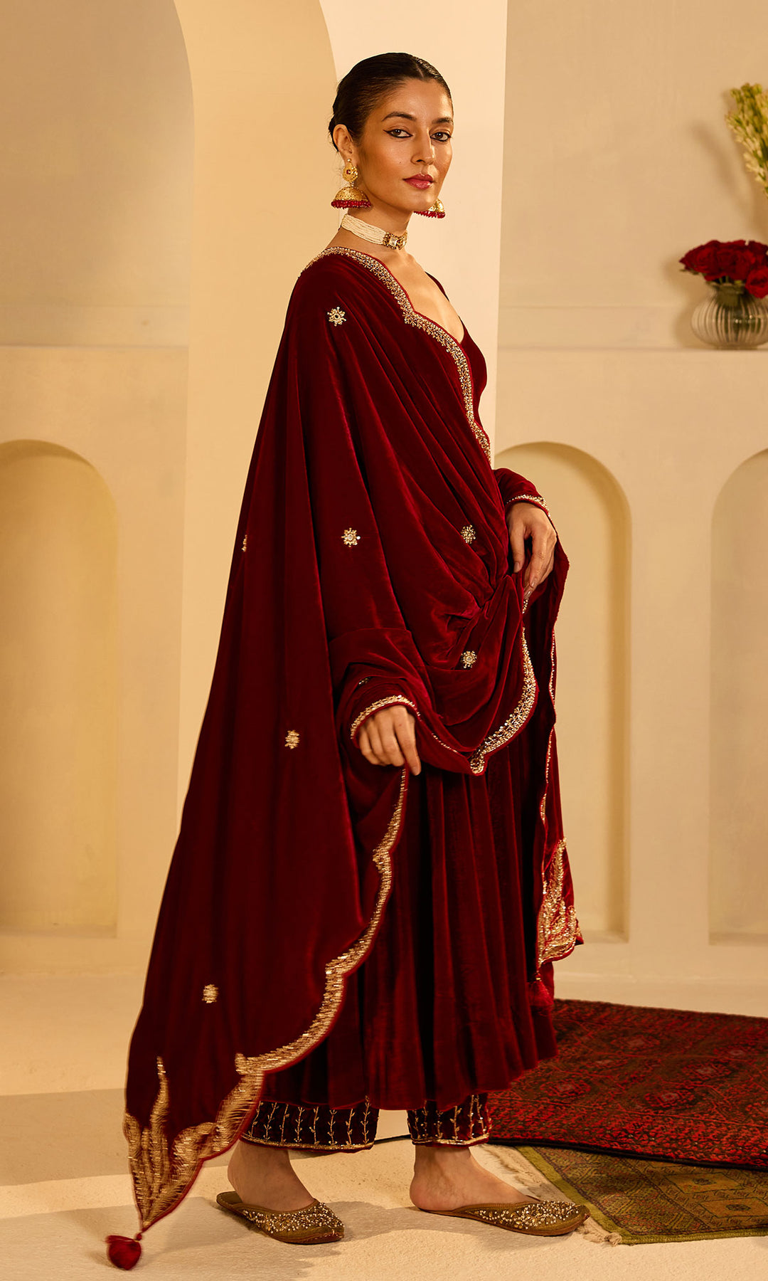 Dilbaro mughals Red silk velvet anarkali with palazzo and shawl (set of 3)