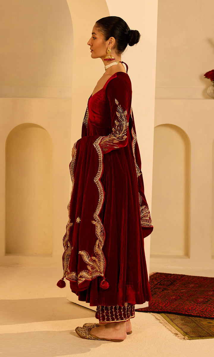 Dilbaro mughals Red silk velvet anarkali with palazzo and shawl (set of 3)