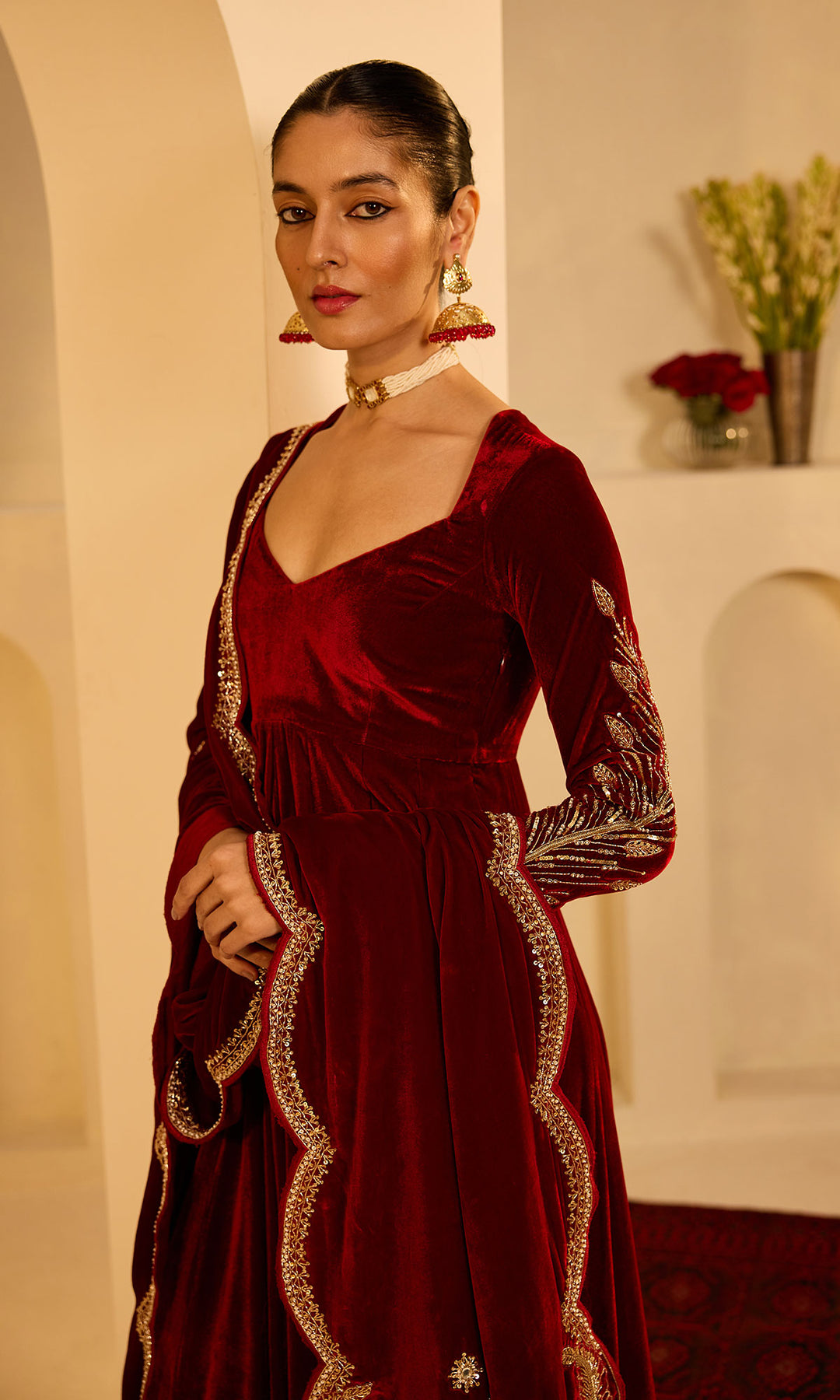 Dilbaro mughals Red silk velvet anarkali with palazzo and shawl (set of 3)