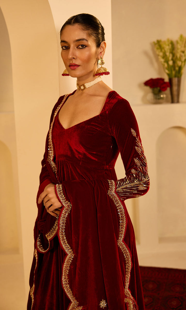 Dilbaro mughals Red silk velvet anarkali with palazzo and shawl (set of 3)