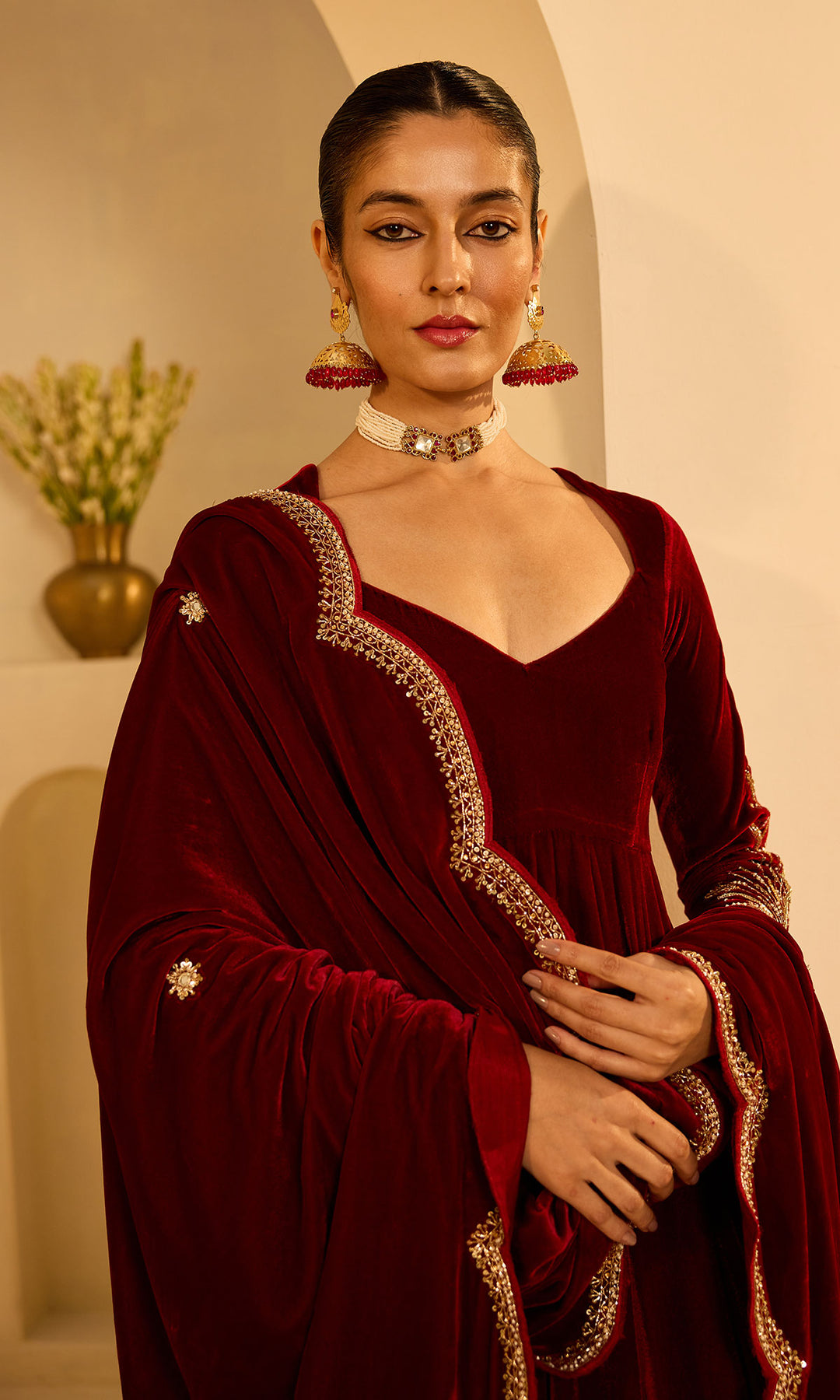 Dilbaro mughals Red silk velvet anarkali with palazzo and shawl (set of 3)