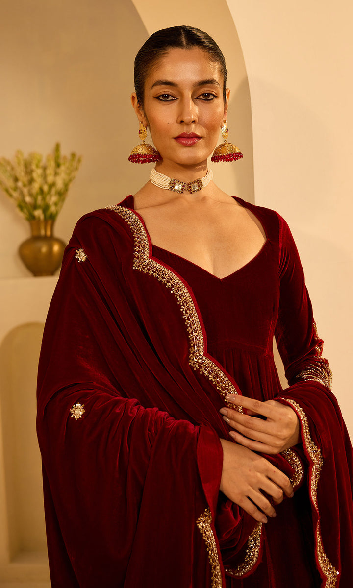 Dilbaro mughals Red silk velvet anarkali with palazzo and shawl (set of 3)