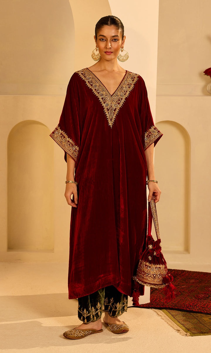 Dilbaro Mughals Silk Velvet Red Kaftan Wih Salwar with Palazzo (set of 2)