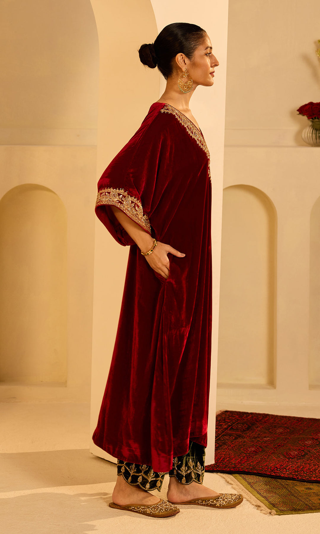 Dilbaro Mughals Silk Velvet Red Kaftan Wih Salwar with Palazzo and Dupatta (set of 3)