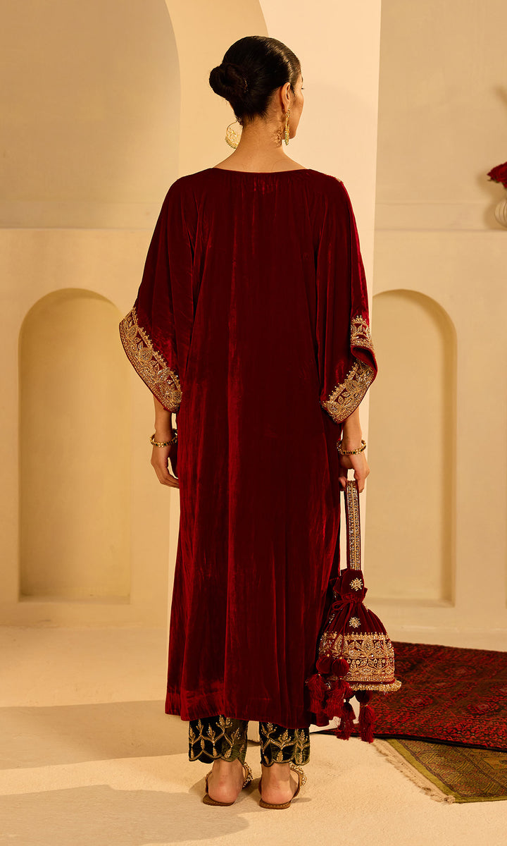 Dilbaro Mughals Silk Velvet Red Kaftan Wih Salwar with Palazzo and Dupatta (set of 3)