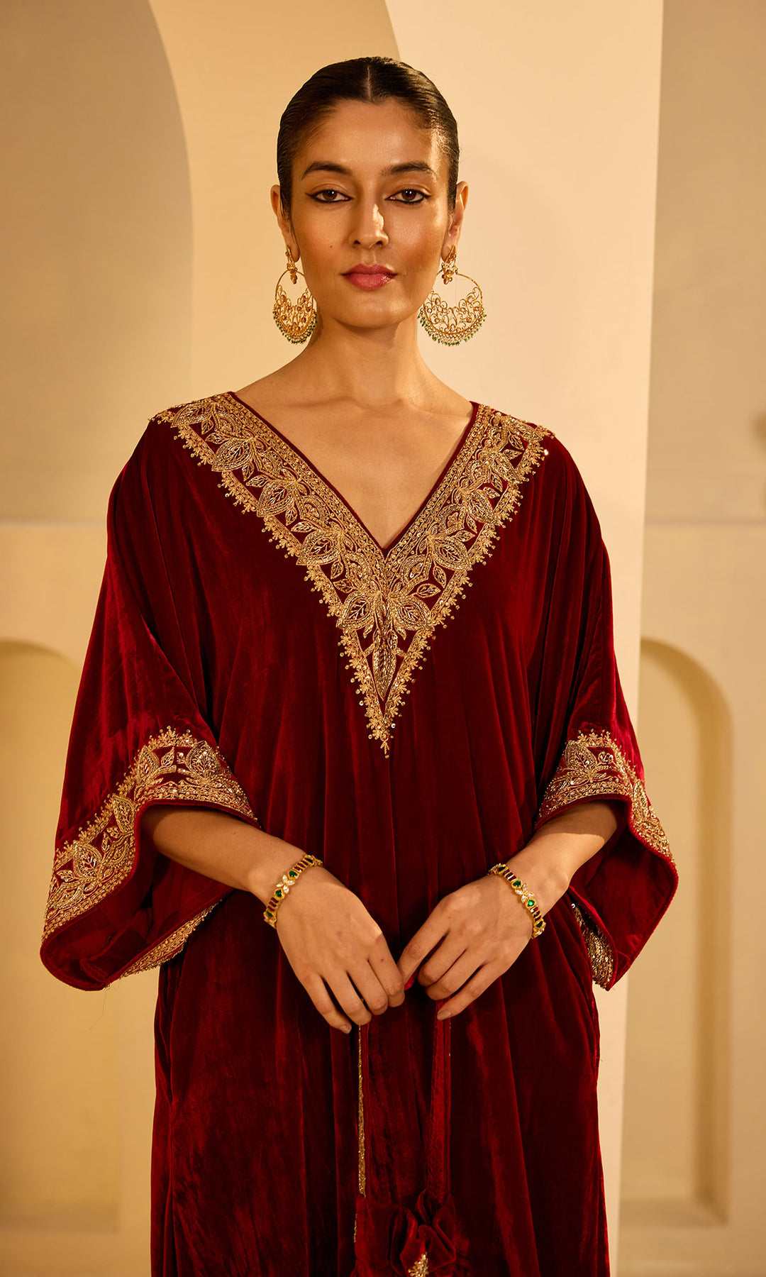 Dilbaro Mughals Silk Velvet Red Kaftan Wih Salwar with Palazzo (set of 2)