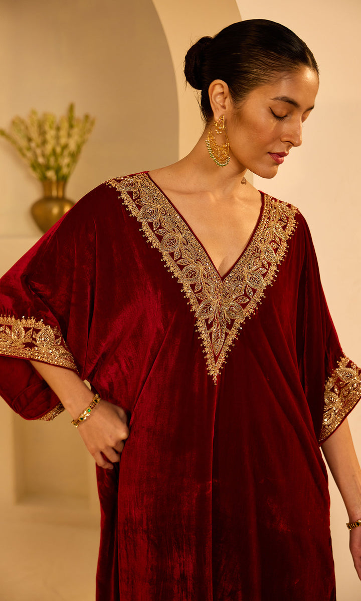 Dilbaro Mughals Silk Velvet Red Kaftan Wih Salwar with Palazzo and Dupatta (set of 3)