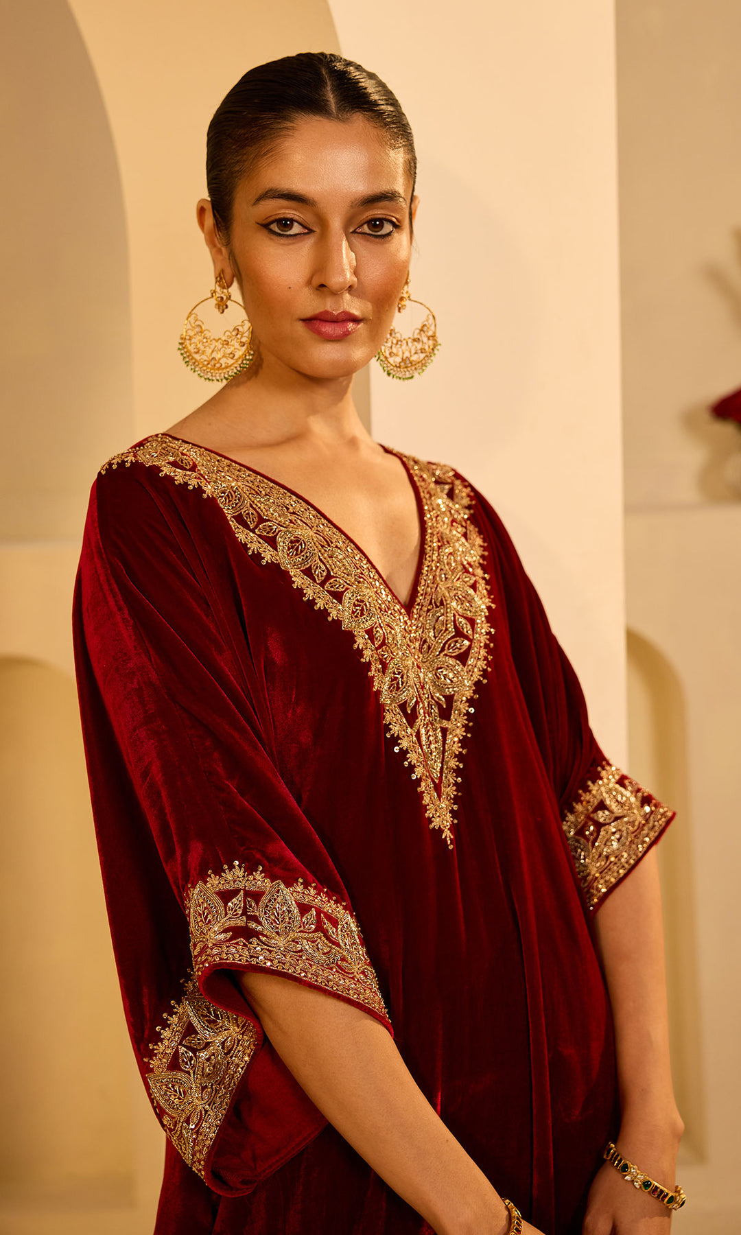 Dilbaro Mughals Silk Velvet Red Kaftan Wih Salwar with Palazzo and Dupatta (set of 3)