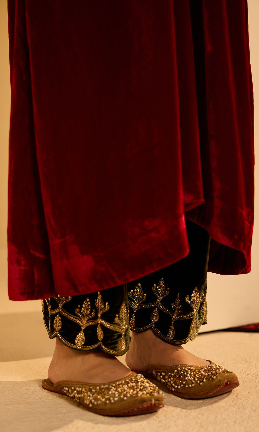Dilbaro Mughals Silk Velvet Red Kaftan Wih Salwar with Palazzo (set of 2)