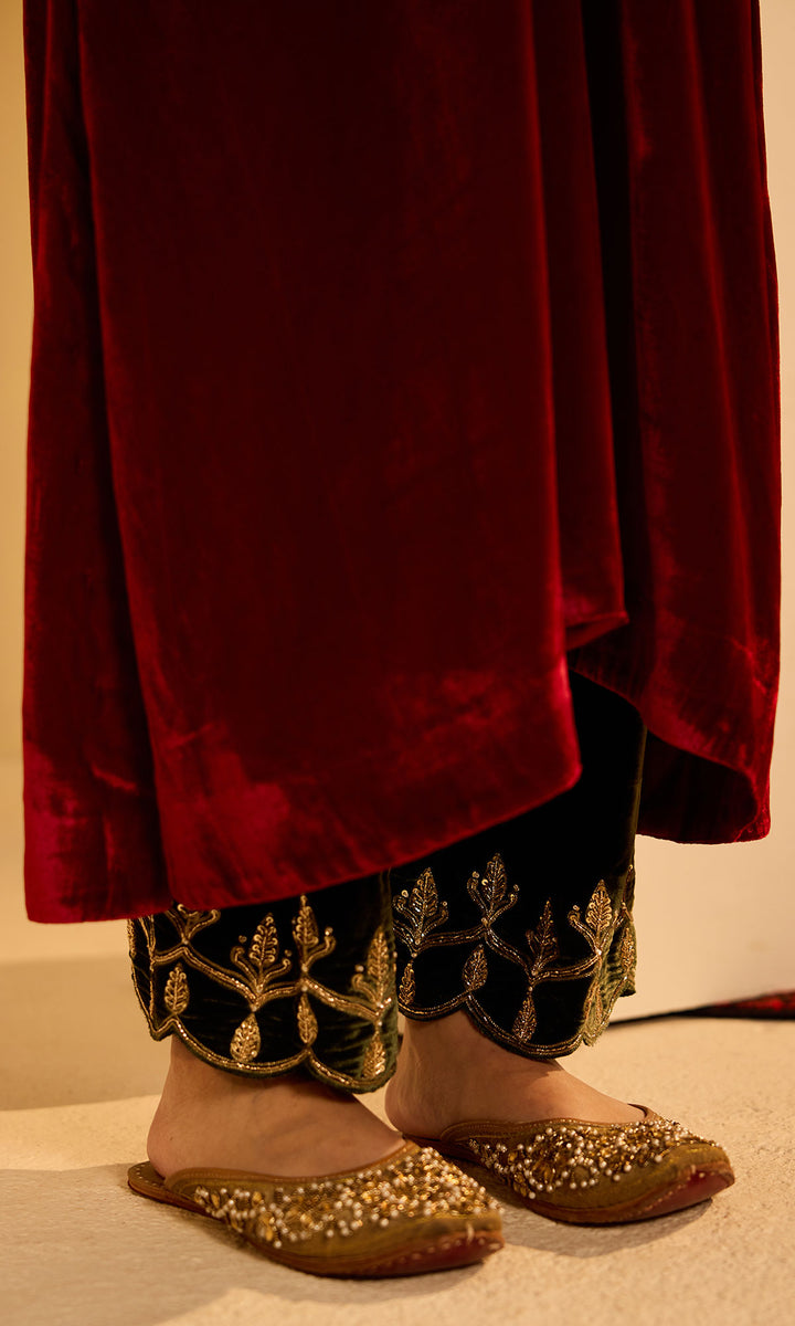 Dilbaro Mughals Silk Velvet Red Kaftan Wih Salwar with Palazzo (set of 2)