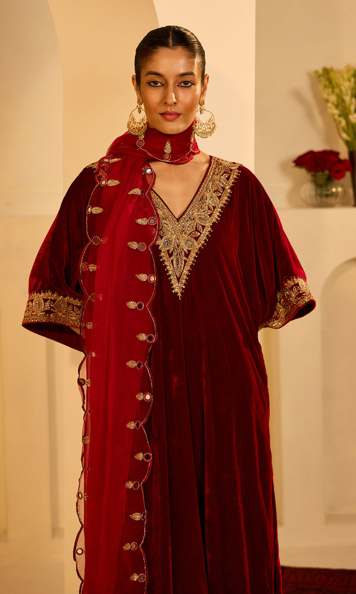 Dilbaro Mughals Silk Velvet Red Kaftan Wih Salwar with Palazzo and Dupatta (set of 3)