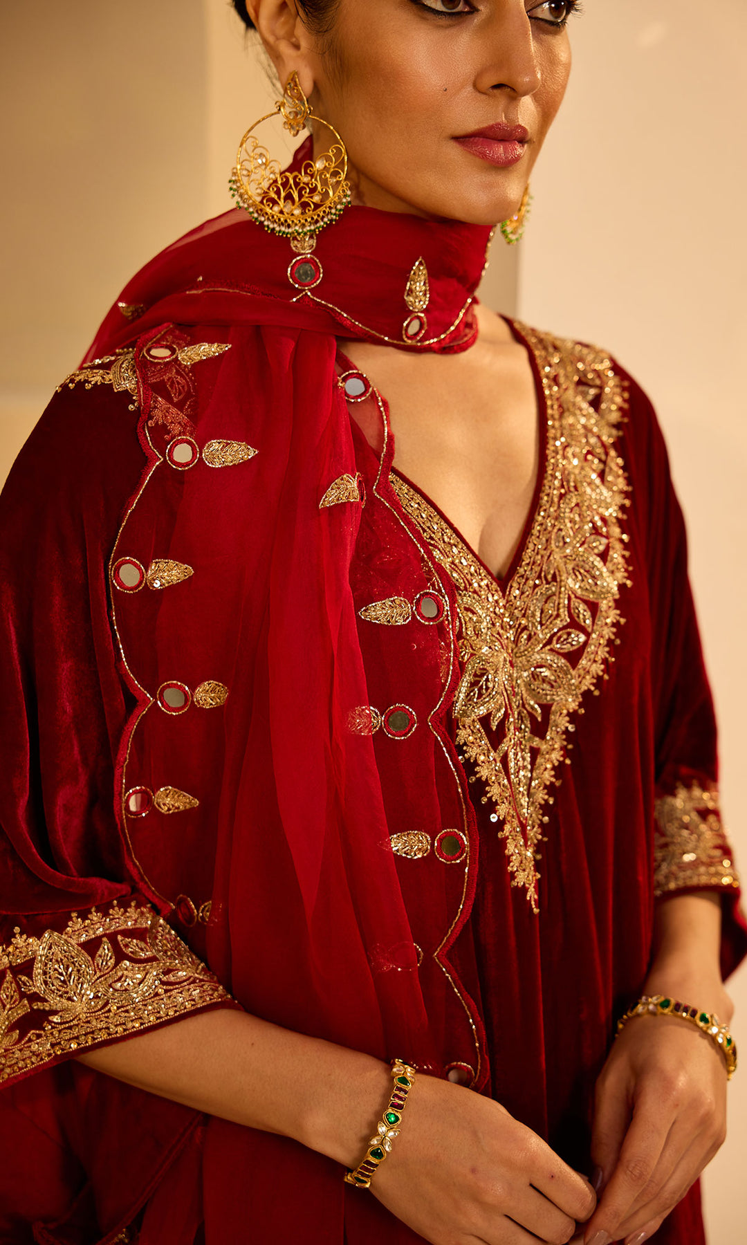 Dilbaro Mughals Silk Velvet Red Kaftan Wih Salwar with Palazzo and Dupatta (set of 3)