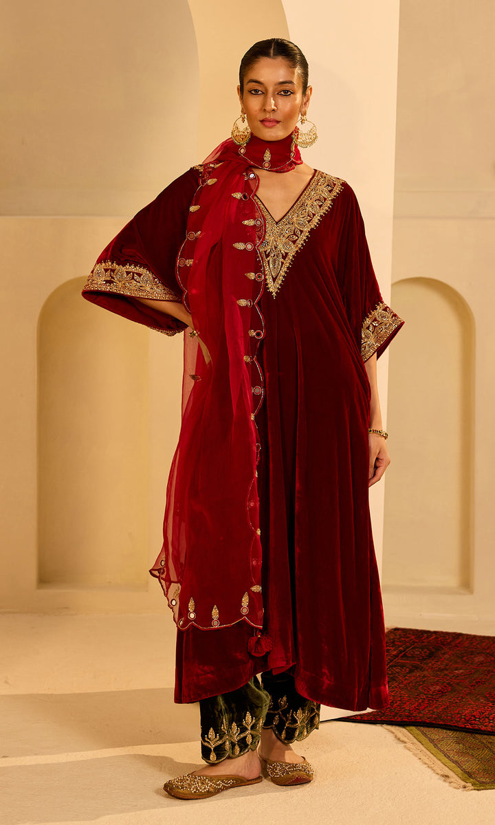 Dilbaro Mughals Silk Velvet Red Kaftan Wih Salwar with Palazzo and Dupatta (set of 3)