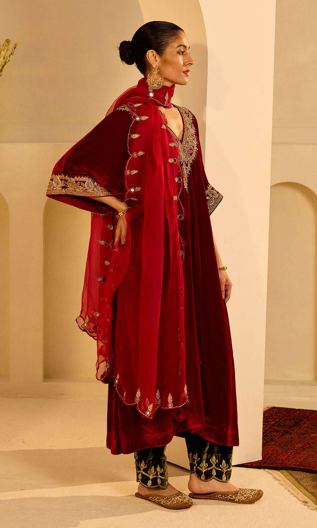 Dilbaro Mughals Silk Velvet Red Kaftan Wih Salwar with Palazzo and Dupatta (set of 3)