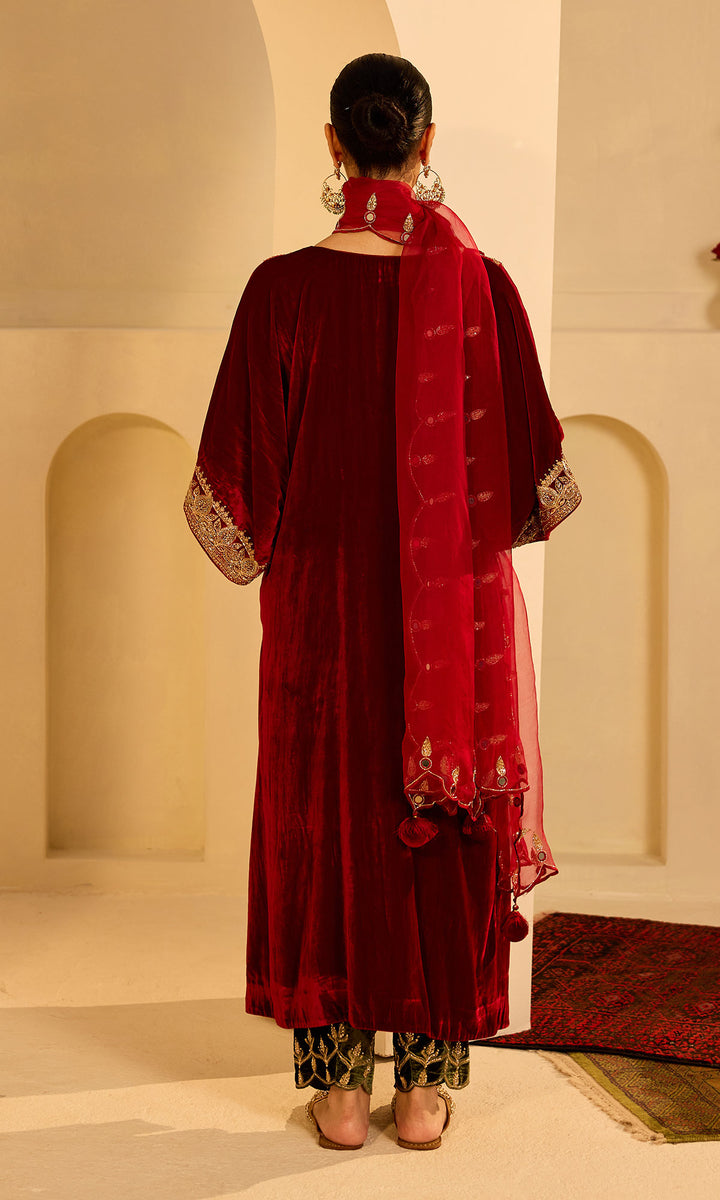Dilbaro Mughals Silk Velvet Red Kaftan Wih Salwar with Palazzo and Dupatta (set of 3)