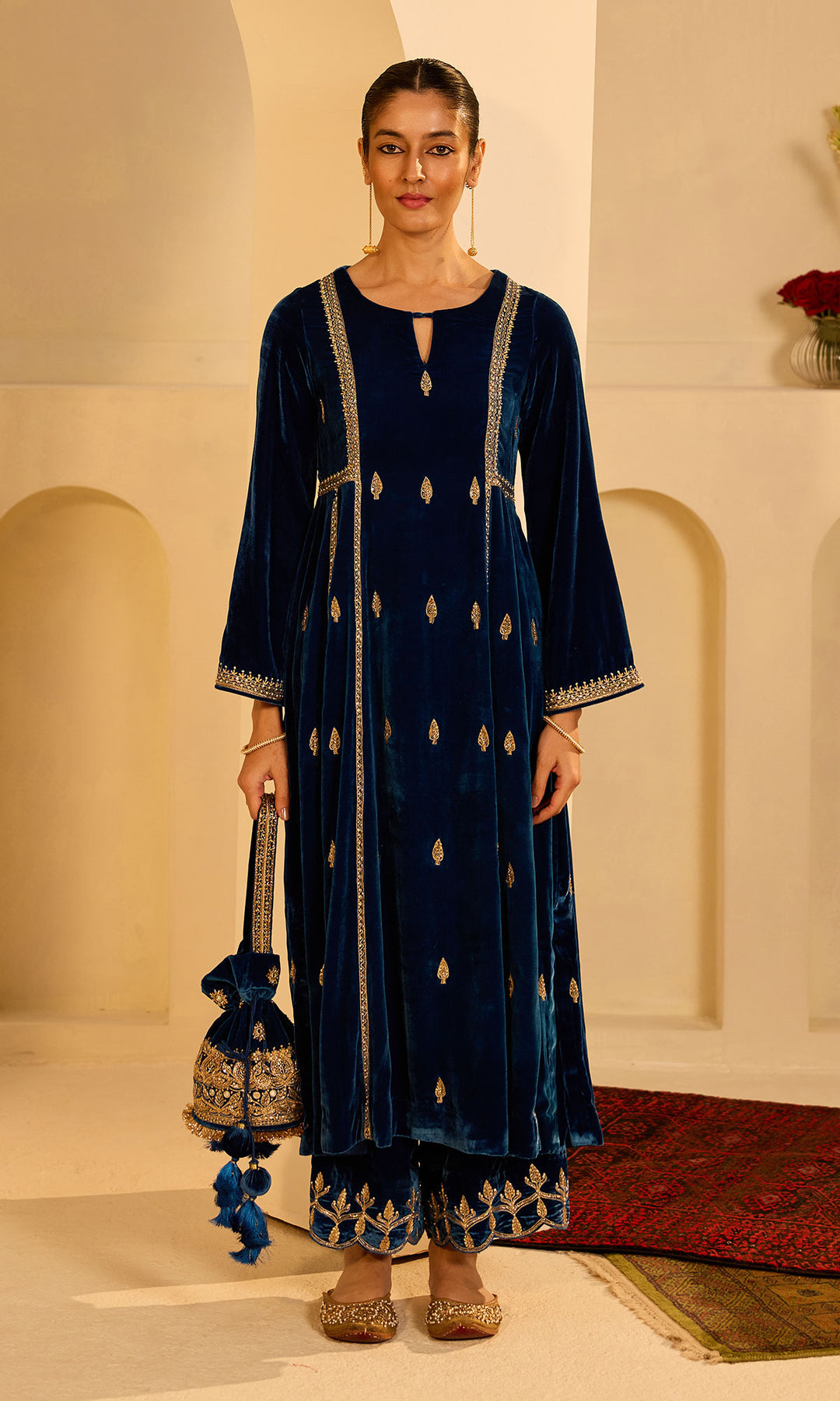 Dilbaro Mughals Embroidered Saphire Blue Choga with Palazzo and Shawl (set of 3)