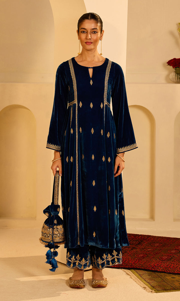 Dilbaro Mughals Embroidered Saphire Blue Choga with Palazzo and Shawl (set of 3)