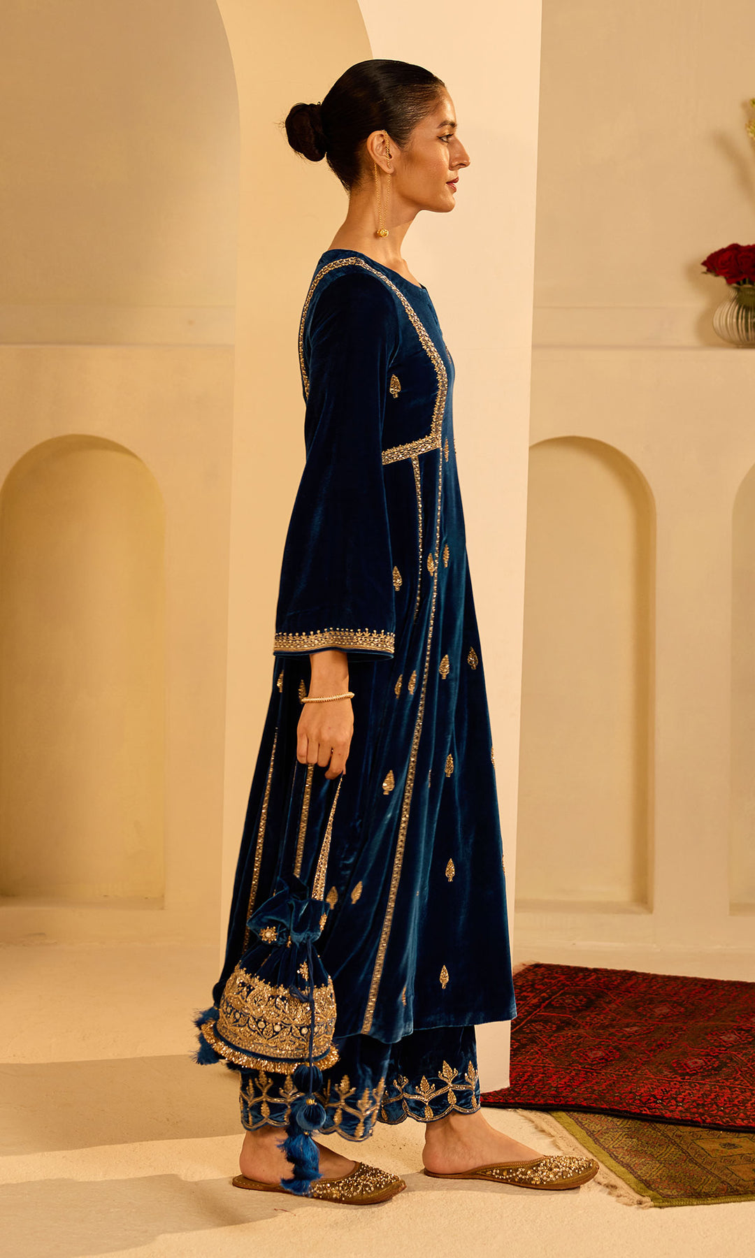 Dilbaro Mughals Embroidered Saphire Blue Choga with Palazzo and Dupatta (set of 3)