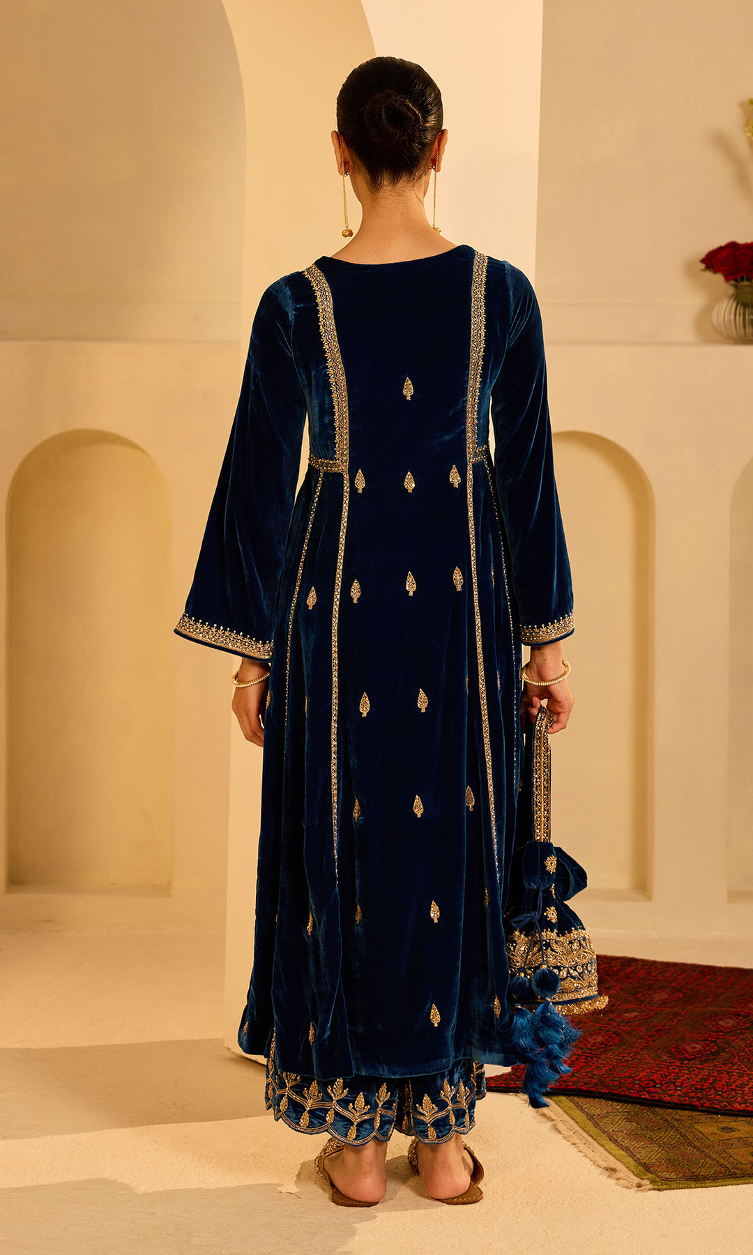 Dilbaro Mughals Embroidered Saphire Blue Choga with Palazzo and Dupatta (set of 3)