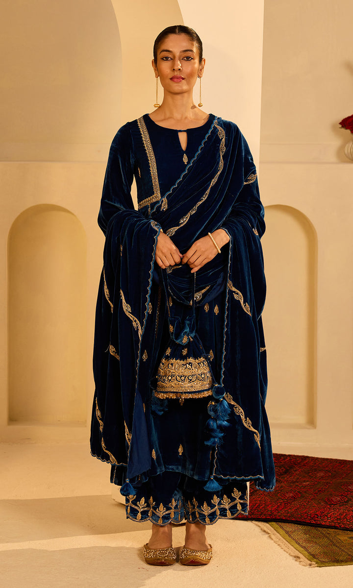 Dilbaro Mughals Embroidered Saphire Blue Choga with Palazzo and Shawl (set of 3)