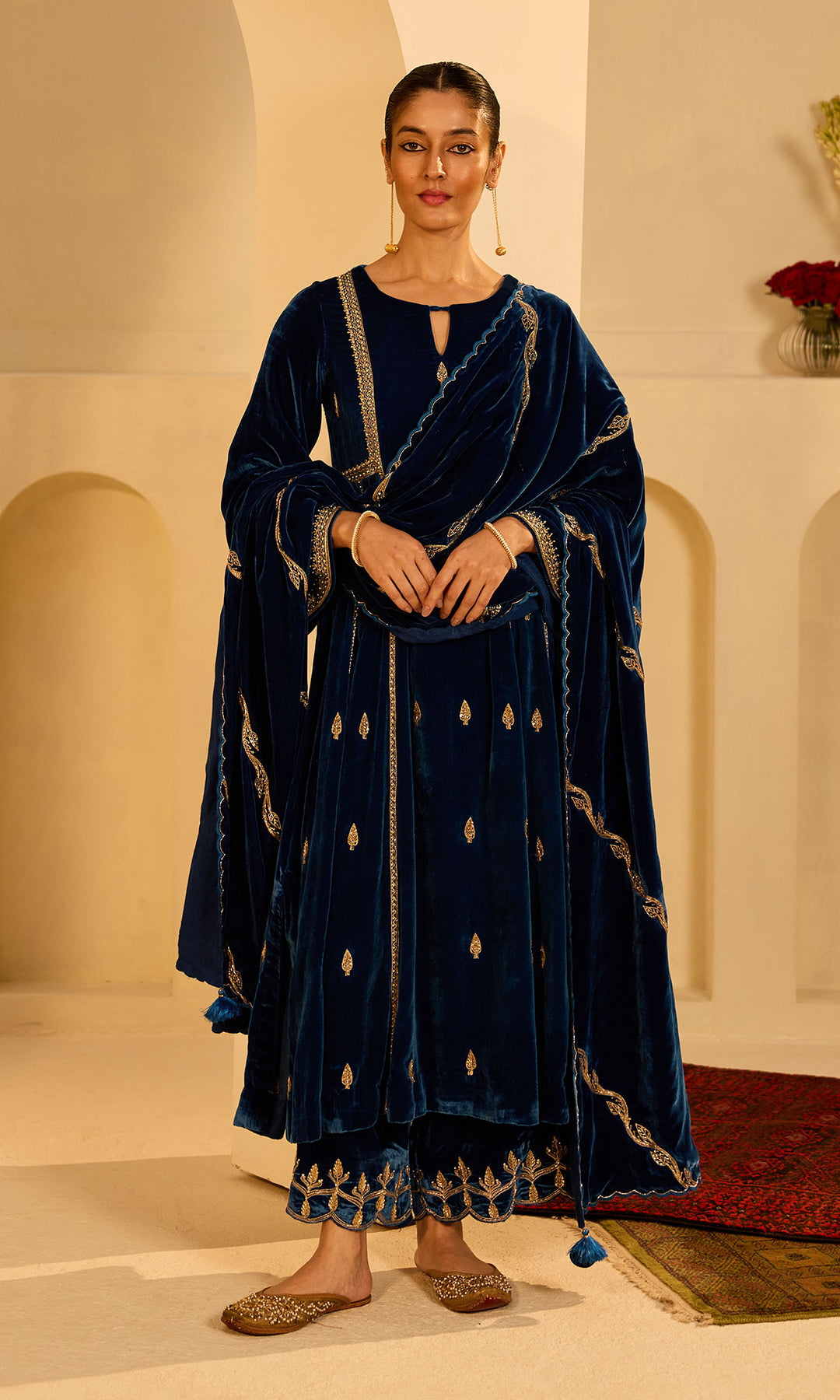 Dilbaro Mughals Embroidered Saphire Blue Choga with Palazzo and Shawl (set of 3)