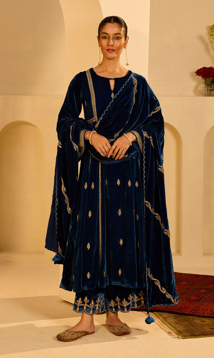 Dilbaro Mughals Embroidered Saphire Blue Choga with Palazzo and Shawl (set of 3)