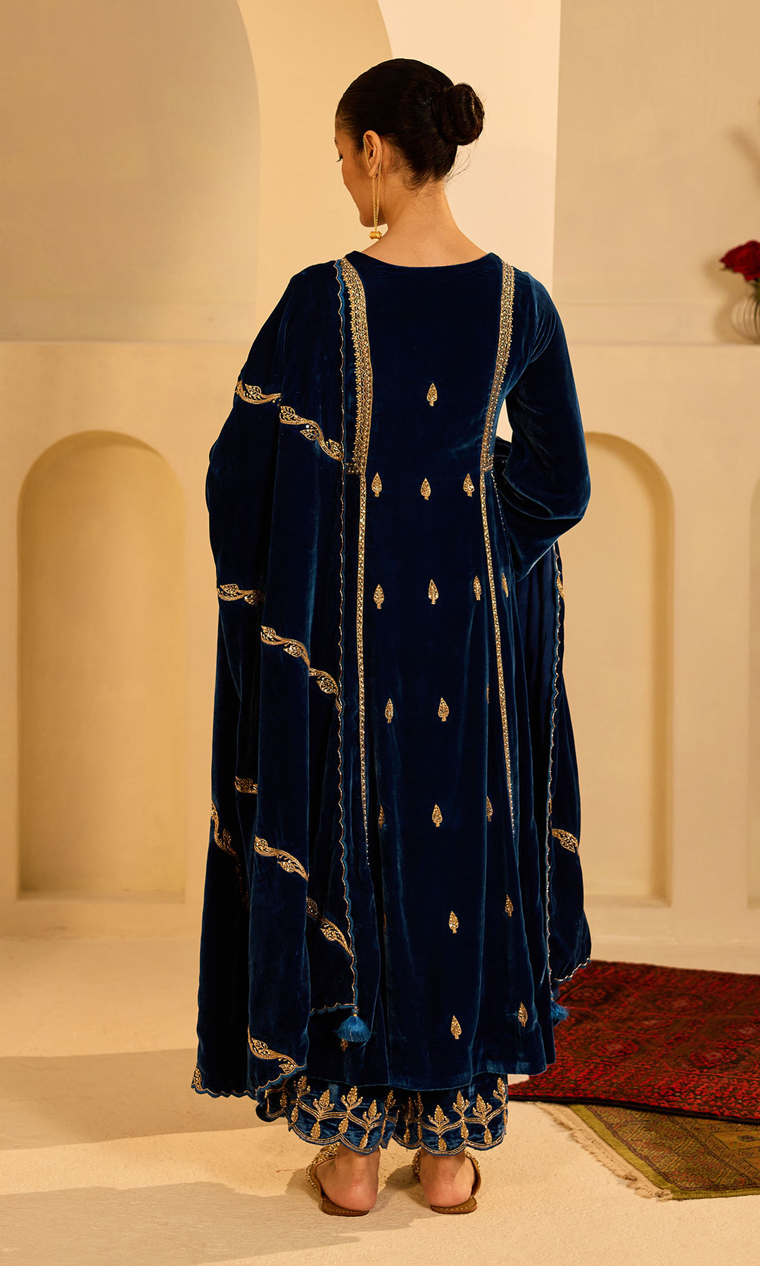 Dilbaro Mughals Embroidered Saphire Blue Choga with Palazzo and Shawl (set of 3)