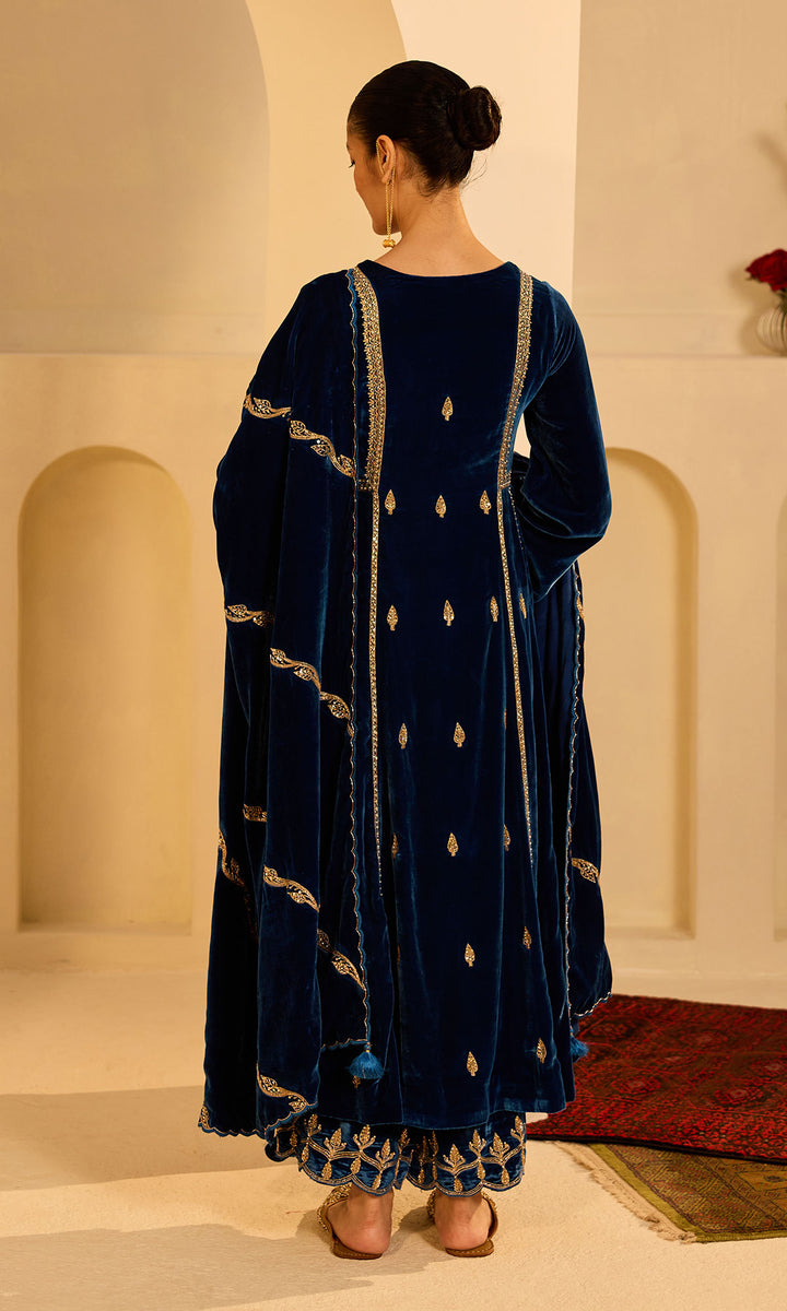 Dilbaro Mughals Embroidered Saphire Blue Choga with Palazzo and Shawl (set of 3)