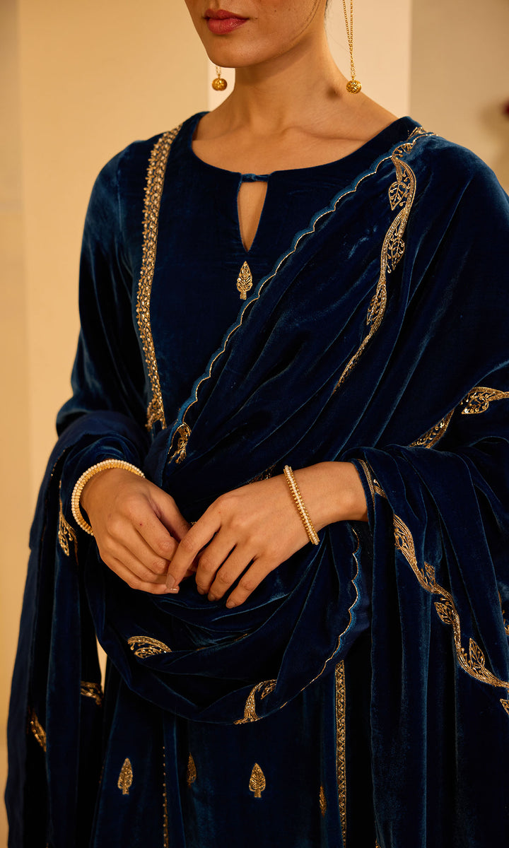 Dilbaro Mughals Embroidered Saphire Blue Choga with Palazzo and Shawl (set of 3)