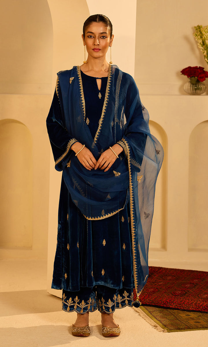 Dilbaro Mughals Embroidered Saphire Blue Choga with Palazzo and Dupatta (set of 3)