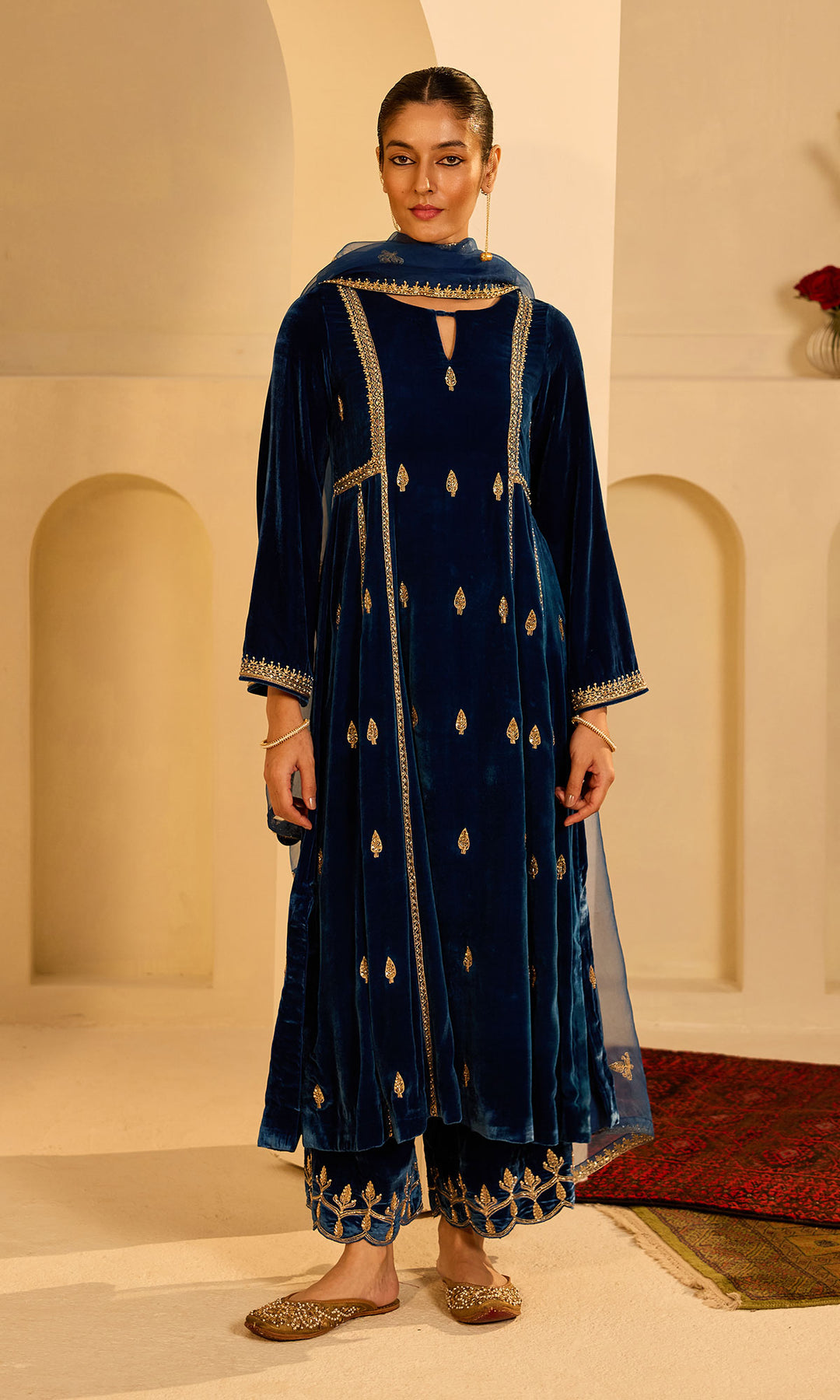 Dilbaro Mughals Embroidered Saphire Blue Choga with Palazzo and Dupatta (set of 3)