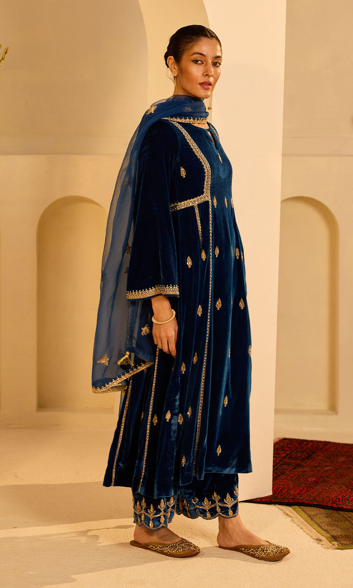 Dilbaro Mughals Embroidered Saphire Blue Choga with Palazzo and Dupatta (set of 3)