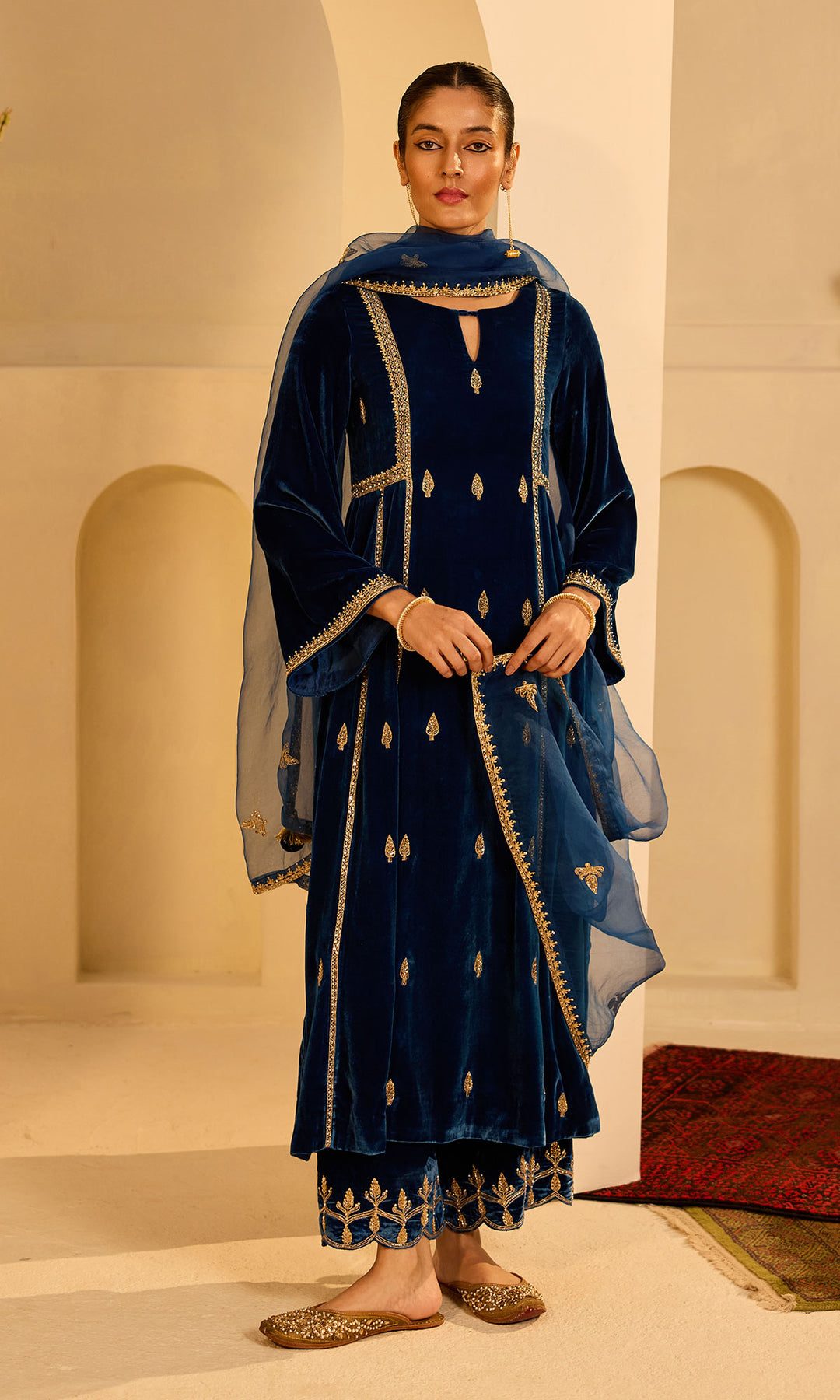 Dilbaro Mughals Embroidered Saphire Blue Choga with Palazzo and Dupatta (set of 3)