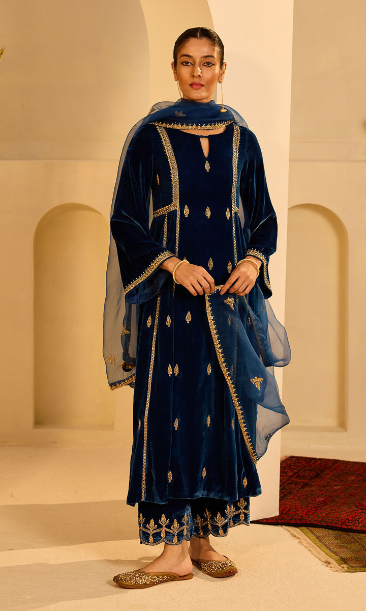 Dilbaro Mughals Embroidered Saphire Blue Choga with Palazzo and Dupatta (set of 3)