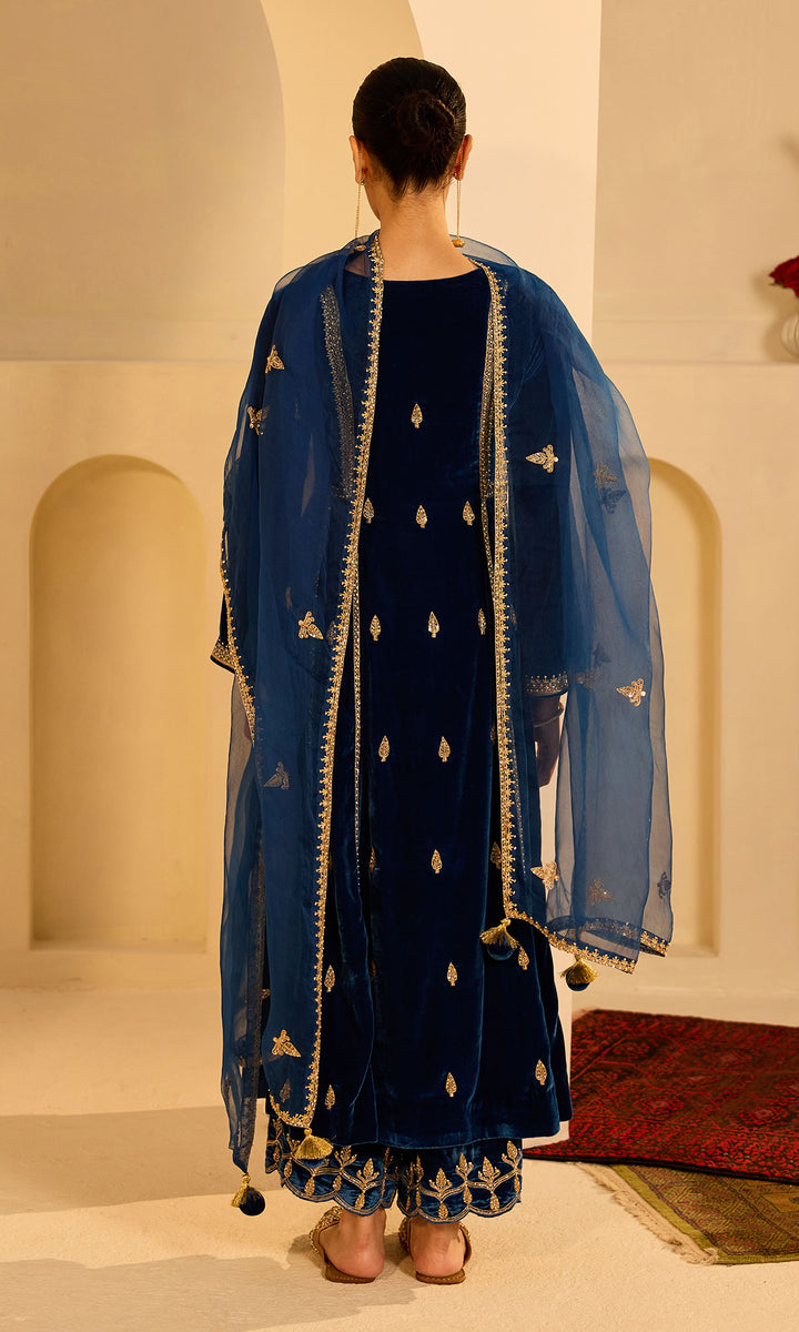 Dilbaro Mughals Embroidered Saphire Blue Choga with Palazzo and Dupatta (set of 3)